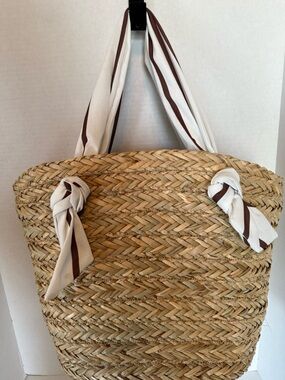 Woven Straw Tote with Cream & Brown Scarf Handles Beach or Pool Bag
